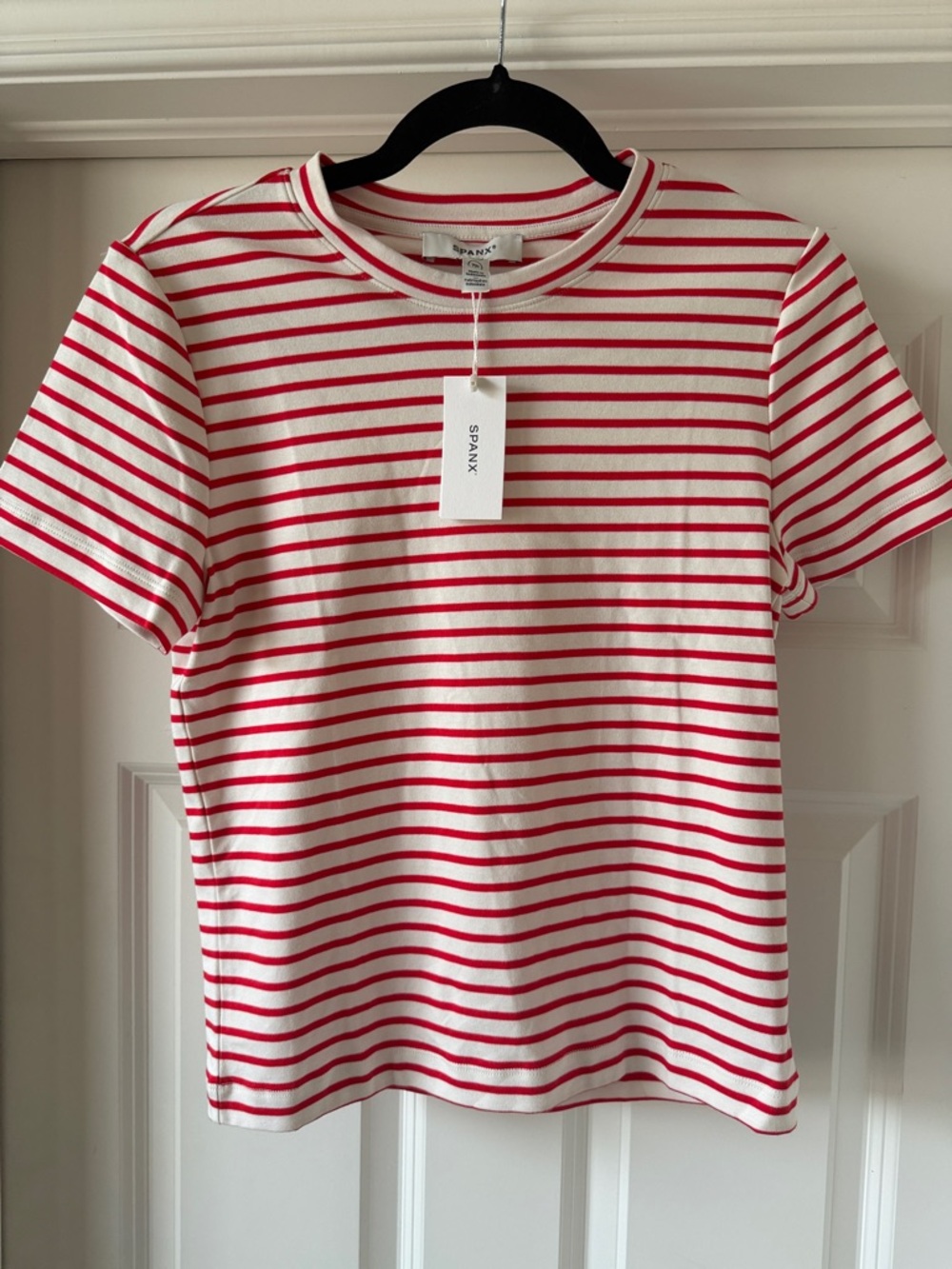 SPANX White Tee with Red Stripes. NWT